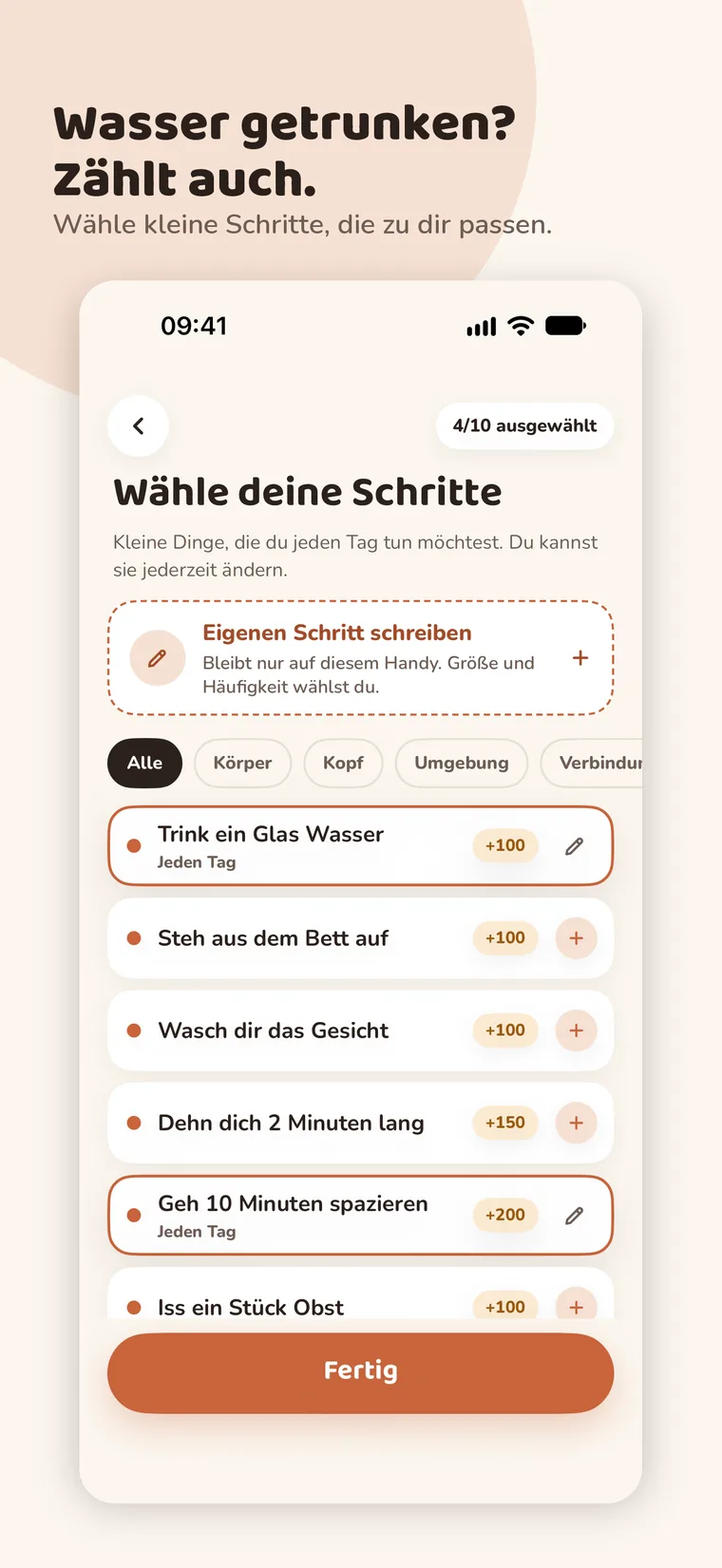 Liste der Schritte für heute