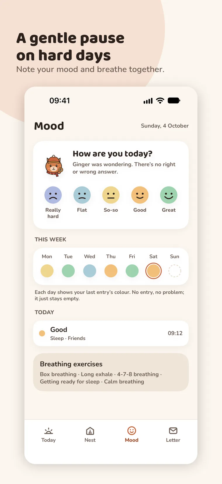 Mood check-in and breathing break screen